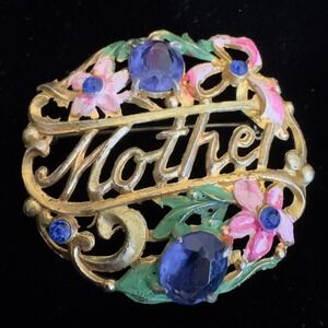 Art Deco Mother Brooch Pin 2" Gold Tone Pink Flora Enamel Blue Rhinestone Granny